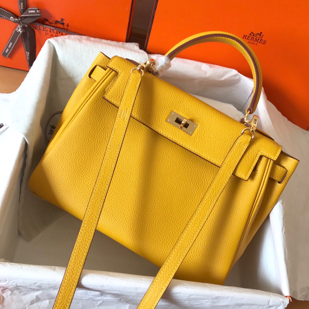 Hermes Kelly 25cm Handbag Shoulder Bag in Yellow Togo Leather